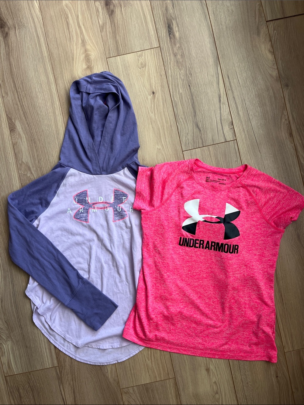 Under Armour Girls' Pink Logo Tee & Purple light weight long sleeve